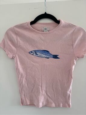 BDG Pink Tee with Blue Fish Motif